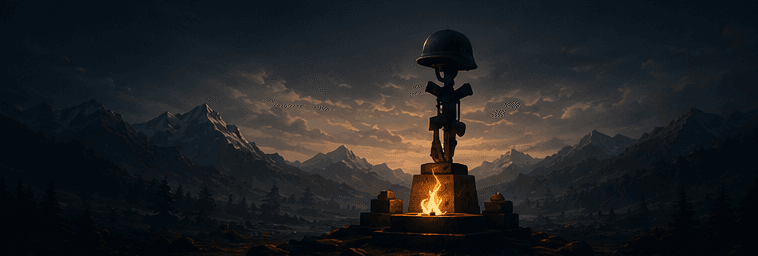 Indian soldiers standing beside a memorial and the Indian flag