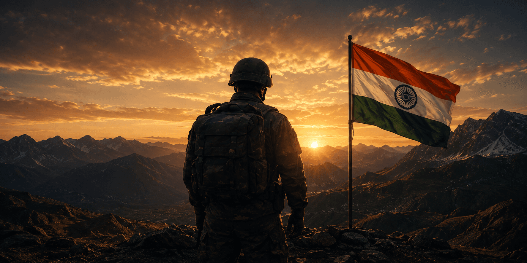 Indian soldier standing before the national flag in the mountains