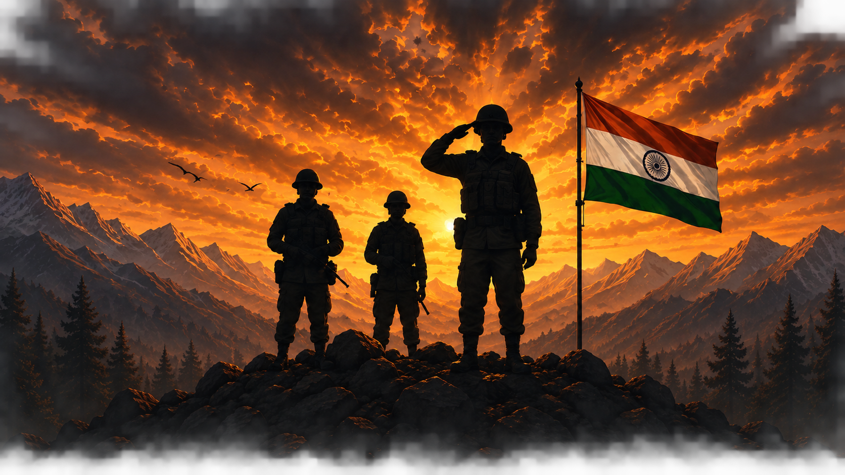 Soldiers standing guard with the Indian flag